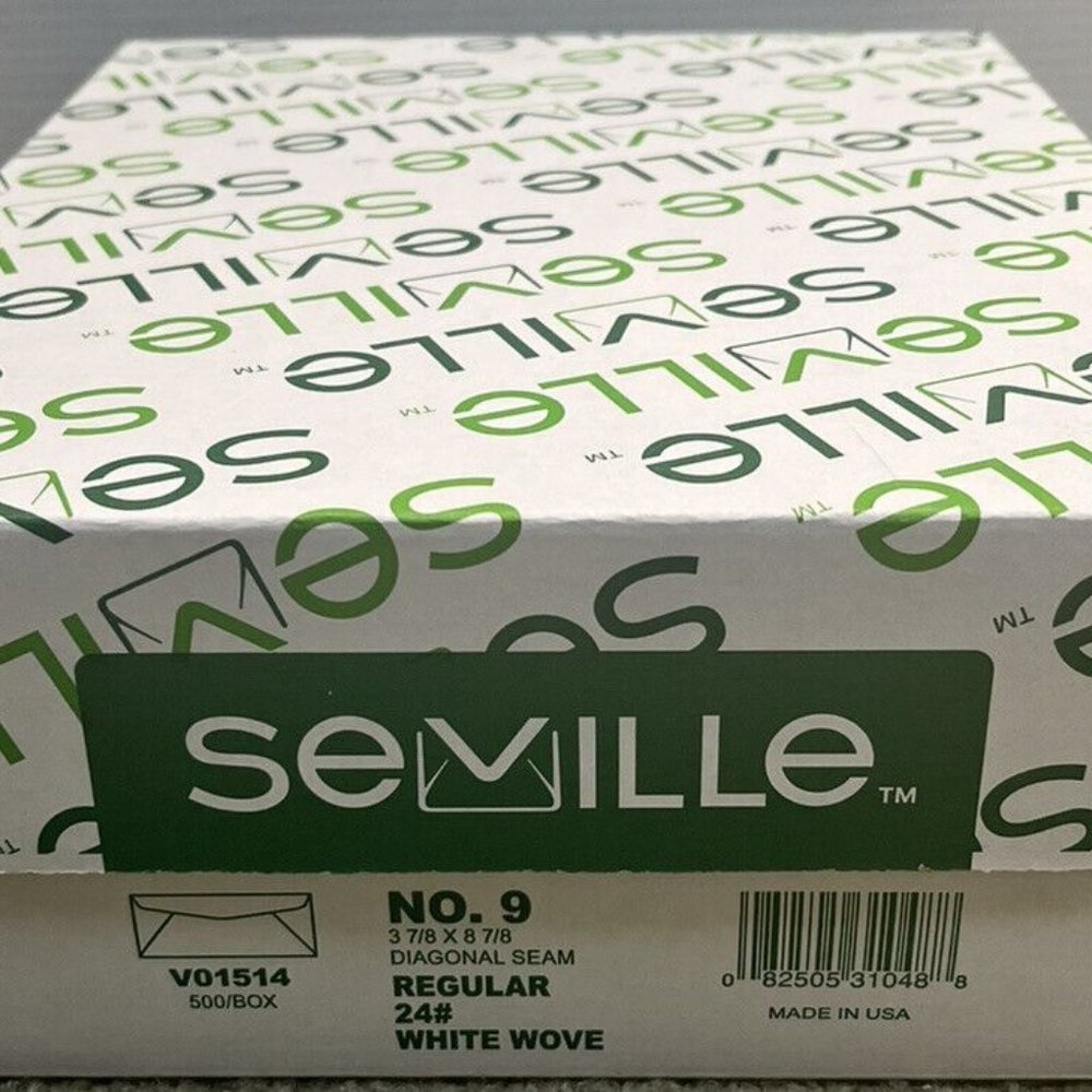 New Box! 500 Envelopes #9 3 7/8” x 8 7/8” White Wove 500/Box Seville Great Brand